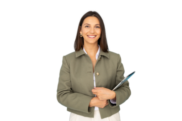 Studio portrait of smiling businesswoman holding tablet on transparent background