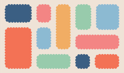 Frames scalloped vector corrugated grid rectangle shapes set. Frame Wavy Retro Stickers set, colorful speech bubble background, sticker pack vector illustratio