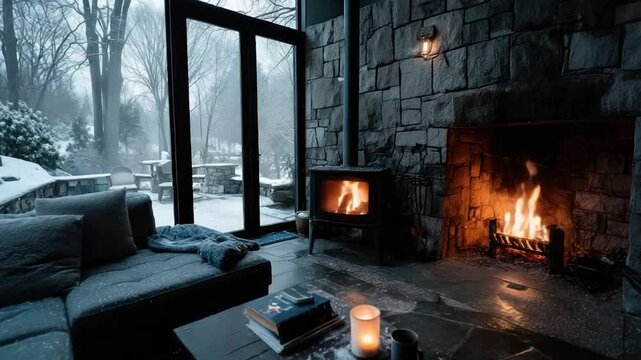 Cozy winter living room with fireplace