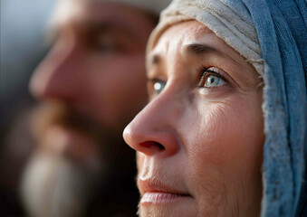 1h Closeup cinematic portrait of Mary Magdalene gasping in awe as she beholds the risen Christ her tearful eyes filled with light and reflection Christ stands just behind her in sof