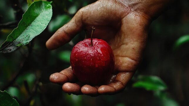 Freshly picked apple in hand