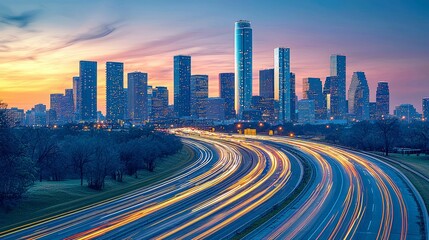 Fototapeta premium Houston Skyline at Dusk: Urban Lights and Highway Traffic