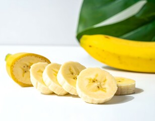 Sliced bananas on white background with blurred banana and leaf. Perfect for healthy eating, food blogs, and recipe websites.