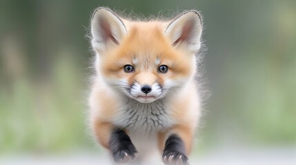 Obraz premium Adorable red fox kit in a playful leap. Close-up, focused on the face and paws of a young fox, showcasing its soft fur and alert expression