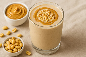 Peanut butter smoothie with chopped peanuts in glass on beige background