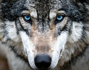 Fototapeta premium Close-up portrait of a wolf with piercing blue eyes. Majestic, wild, and intense gaze.