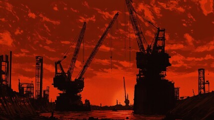 Obraz premium Red Sunset Industrial Construction Site