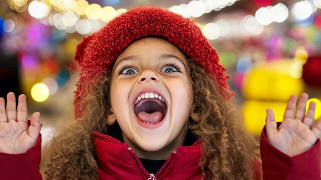 A cheerful girl beams with joy while exploring a colorful candy shop, eyes sparkling with delight and curiosity.