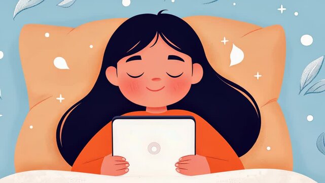 A girl relaxes on her bed, absorbed in her iPad, enjoying colorful cartoons that bring her imagination to life.
