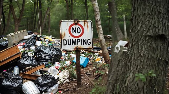 Illegal garbage dump in forest with no dumping sign surrounded by litter