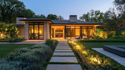Obraz premium Modern Home Exterior with Warm Lights and Lush Green Landscaping