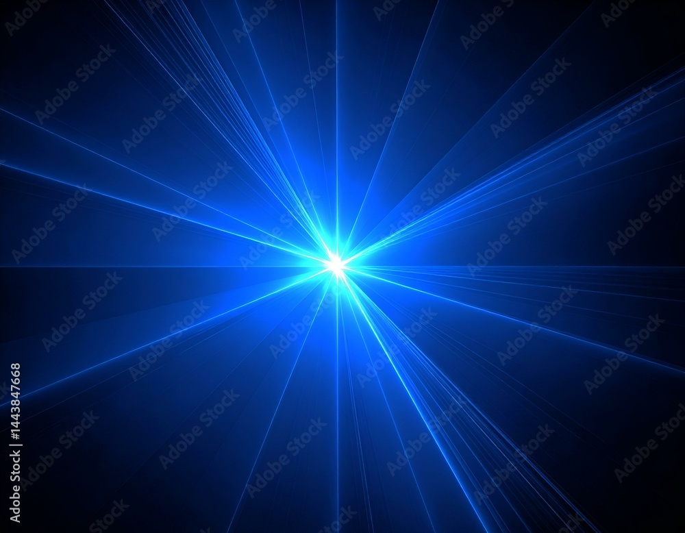 Poster abstract blue light rays burst from central point, creating a dynamic and energetic background. perf
