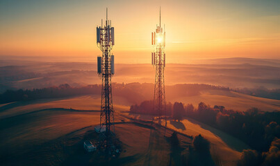 Sunrise over hills, twin telecom towers