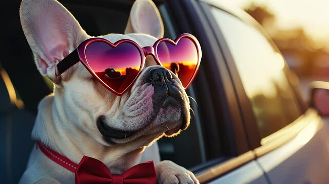 A French bulldog wearing heart-shaped sunglasses and a red bow tie leans out of a car window. The sunset is reflected in the sunglasses' lenses, adding a warm glow.