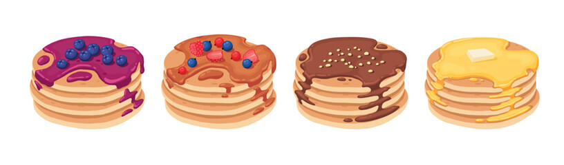 Cartoon pancakes. Stacks of tasty pancakes with maple syrup, butter, chocolate syrup, fruits and jam. Delicious breakfast food vector illustrations. American brunch with berries and nuts