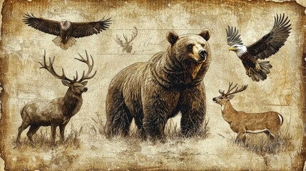 Fototapeta premium Majestic Wildlife Composition Featuring Bear, Deer, and Birds of Prey