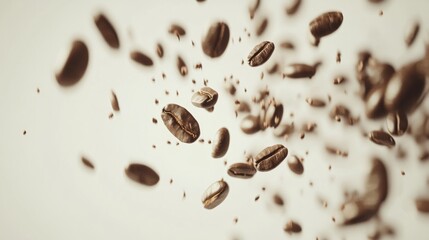 Fototapeta premium Abstract scene of coffee beans in motion, symbolizing energy and freshness, clean white background generative ai