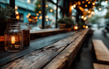 Blurry Abstract Background of Office or Restaurant Interior with Bokeh Lights, Wooden Furniture, and Copy Space for Banner Design