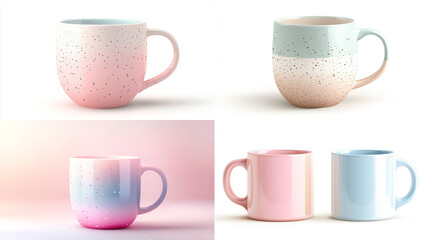 Four pastel mugs; pink, blue, ombre, speckled.