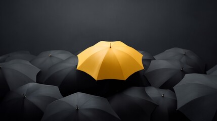 Stand out from the crowd: Vivid yellow umbrella among dark protective canopies