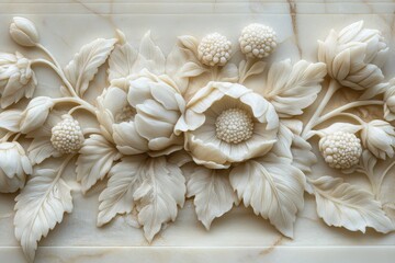 Ornate floral relief carving on a light stone surface.