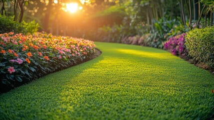 Obraz premium Lush garden path at sunset