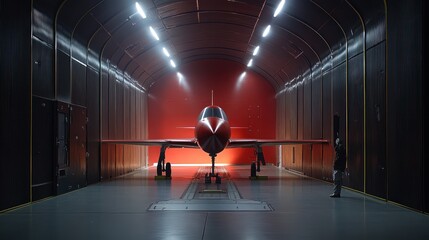 Futuristic aircraft undergoing evaluation within a specialized aerodynamic wind tunnel