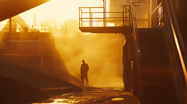 Worker in Industrial Setting at Sunset - Powered by Adobe