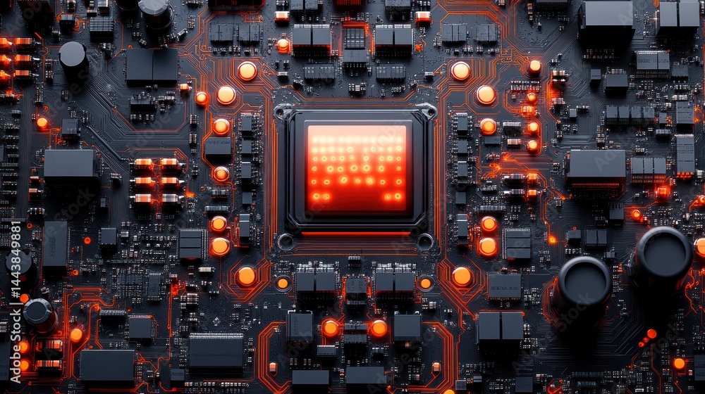 Poster intricate circuit board: a close-up of a high-tech motherboard with glowing components