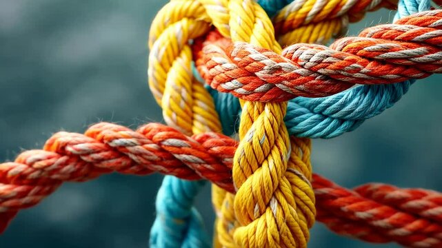 Intertwined Resilience: A captivating close-up view reveals the vibrant colors and complex arrangement of ropes interwoven together, highlighting strength, unity, and intricate design. 