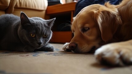 Fototapeta na wymiar Gray british shorthair cat and golden retriever dog resting together on carpet pets home cute calm