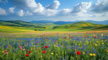 Vibrant Spring Meadow in Rolling Hills Landscape