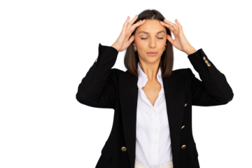 Exhausted professional woman pressing fingertips against temples, experiencing workplace stress and migraine pain