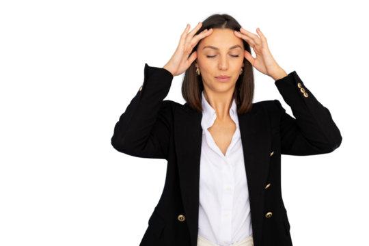 Exhausted professional woman pressing fingertips against temples, experiencing workplace stress and migraine pain