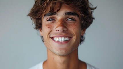 Young man smiling with perfectly straight teeth after orthodontic treatment