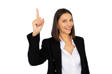Confident businesswoman pointing upward, index finger raised, smiling broadly