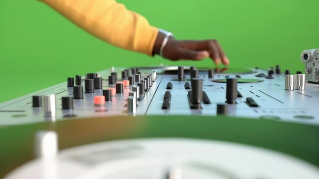 DJ Hands on Decks - Green Screen Session.  Medium close-up shot, hands poised over DJ turntables and mixer, resting lightly on a vinyl record and fader.