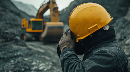 Construction Worker in Hard Hat at Mining Site