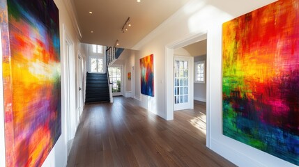 Bright art gallery hallway home interior