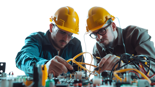 Professional Electricians Working on Circuitry in Workshop - Industrial Electrical Maintenance Experts at Work