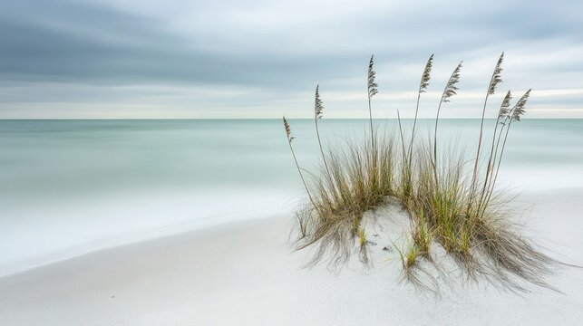 Beach grass, stormy sea, coastal calm, serenity