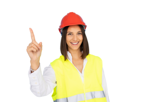 Smiling female engineer wearing safety vest and hardhat pointing her index finger up, isolated on transparent background - Powered by Adobe