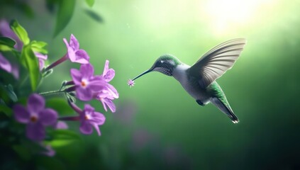 Fototapeta premium Hummingbird feeding on purple flowers in garden