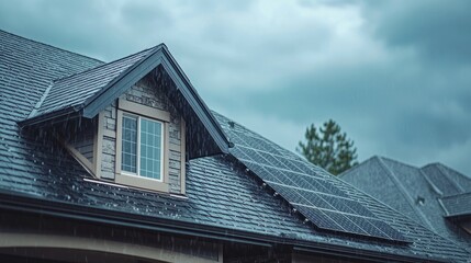 Obraz premium Roof with Solar Panels and Rainy Sky Overcast Home Environment