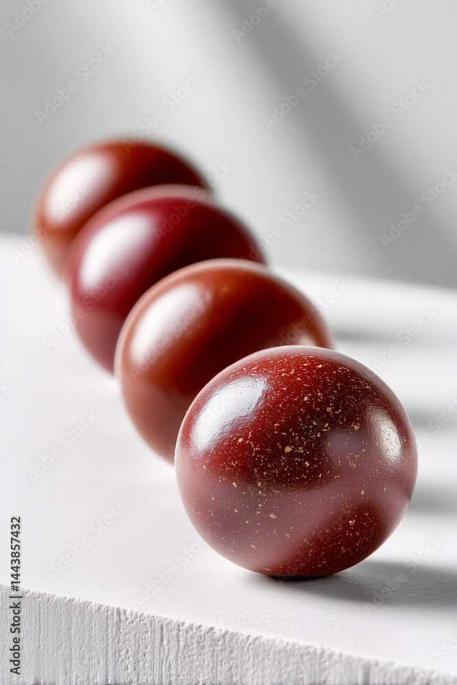 Poster four polished red spheres arranged on a clean white surface create a modern artistic display. the mi