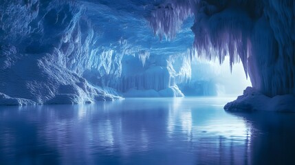 Stalactites reflected by the waves in the cave