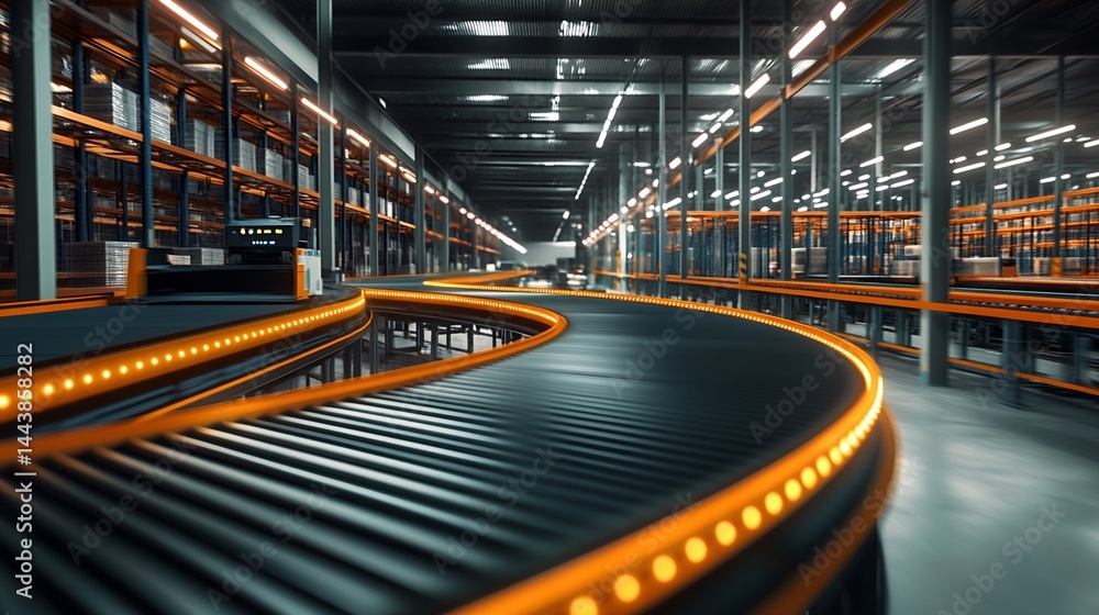 Poster automated conveyor system in warehouse with high-bay racking