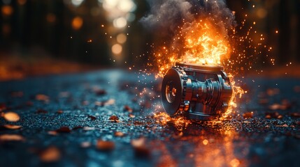 Metallic object ablaze on wet asphalt