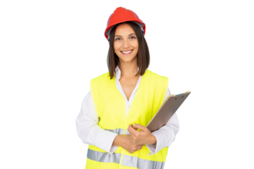 Professional architect woman smiling, holding clipboard against neutral background