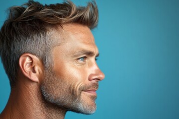 Obraz premium Blue solid background. Fashionable men's layered waves haircut - midlife white man with blond hair. Idea of style for aging men. A strong and confident man with an engaging smile.